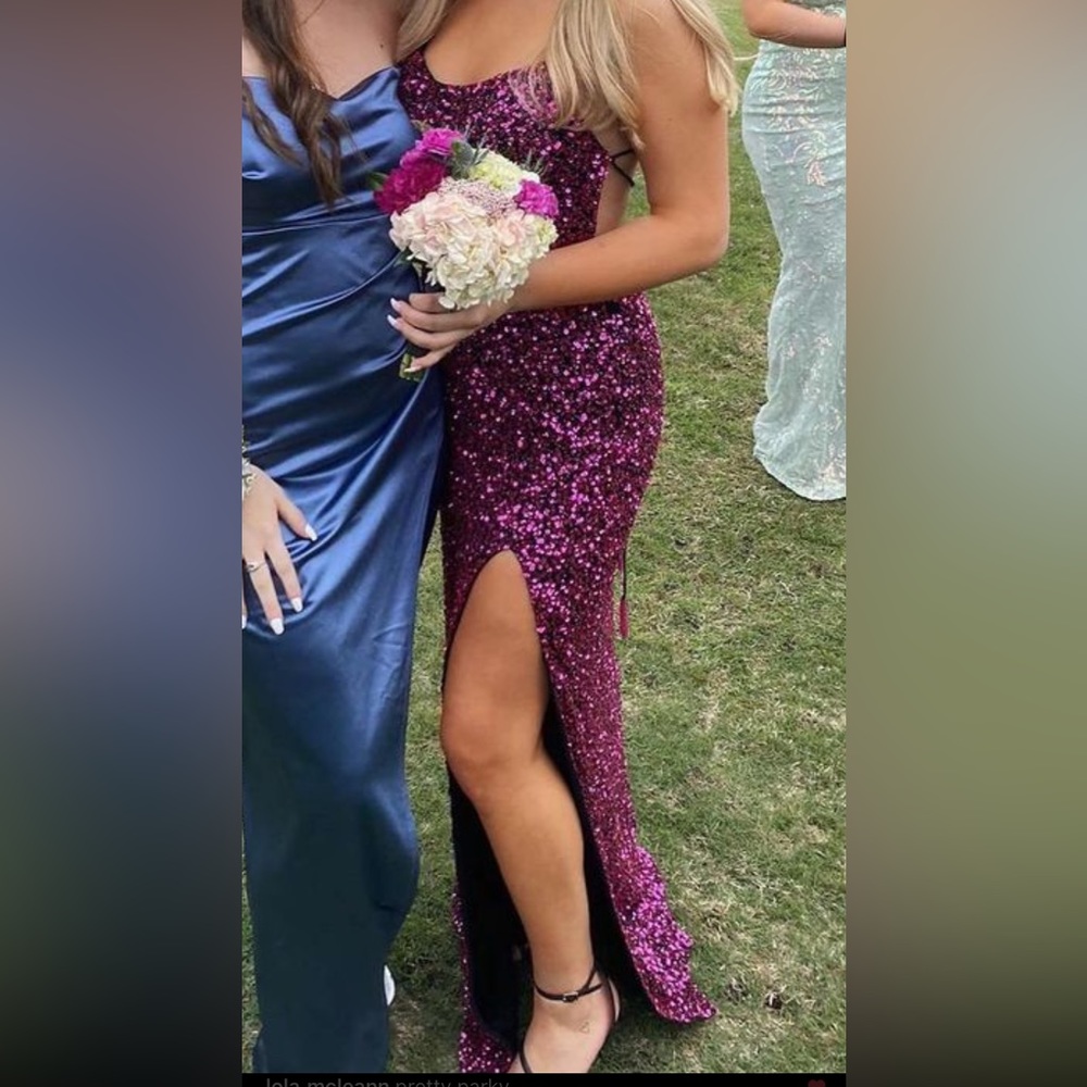 Ashley Lauren Sequin Spaghetti Strap Prom Gown with Lace Up Back